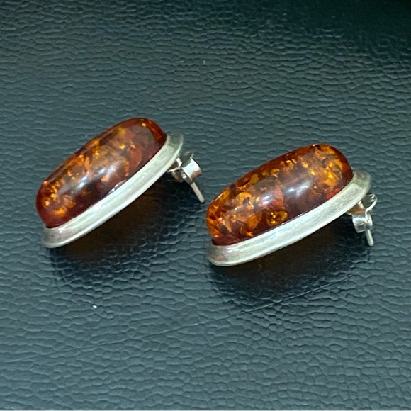 Vintage Sterling Silver Handcrafted Cabochon Oval Baltic Amber Earrings 7.4g - Picture 6 of 15